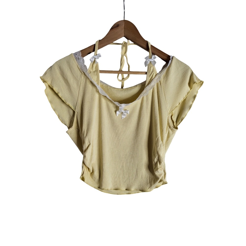 SHEIN Pastel Yellow Ribbed Lace Trim Bow Coquette Top Medium Dollette Fairycore